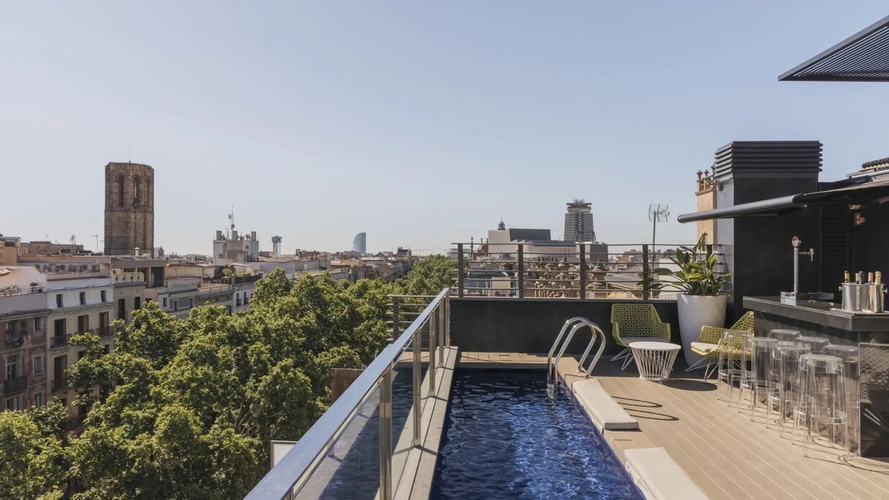 The rooftop plunge pool and bar at Hotel Bagués, over the plane trees of La Rambla