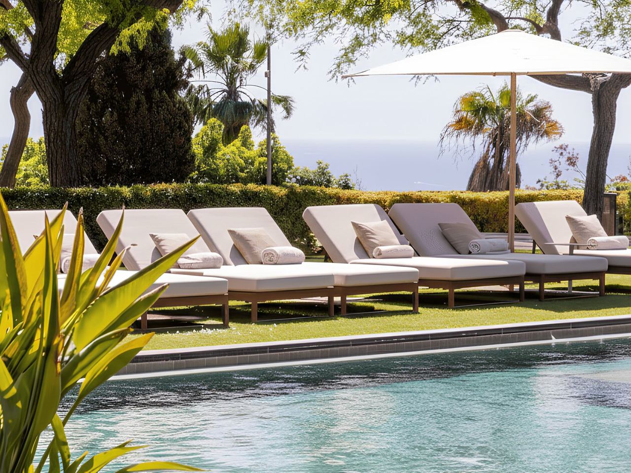 Loungers on the lawn by the pool at Hotel Miramar, under pines and palms above the sea